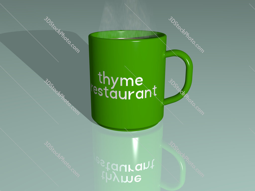 thyme restaurant text on a coffee mug