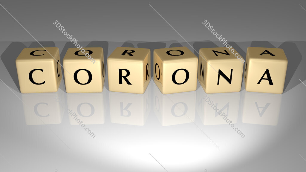 Corona text of cubic dice letters on the floor and 3D icon on the wall