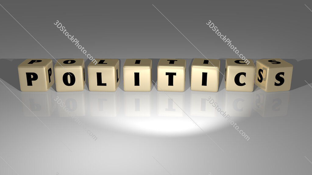 Politics text of cubic dice letters on the floor and 3D icon on the wall
