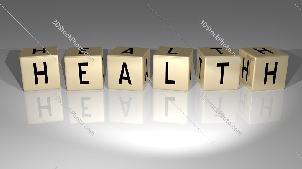 Health text of cubic dice letters on the floor and 3D icon on the wall