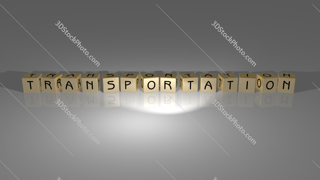 Transportation text of cubic dice letters on the floor and 3D icon on the wall