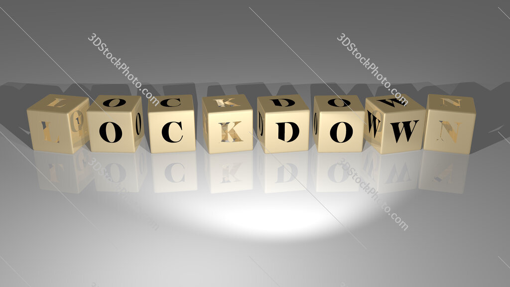 Lockdown text of cubic dice letters on the floor and 3D icon on the wall