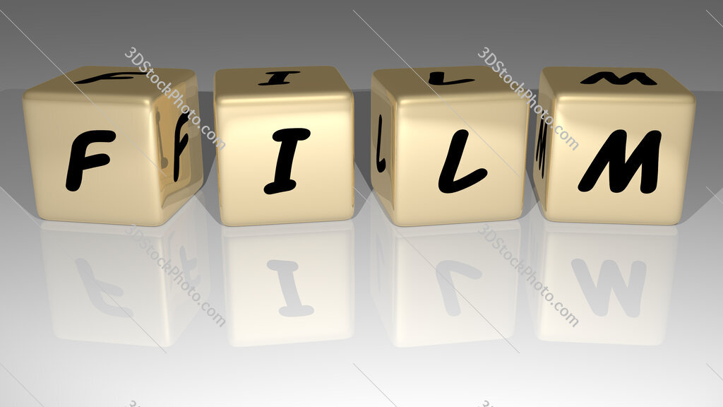 Film text of cubic dice letters on the floor and 3D icon on the wall