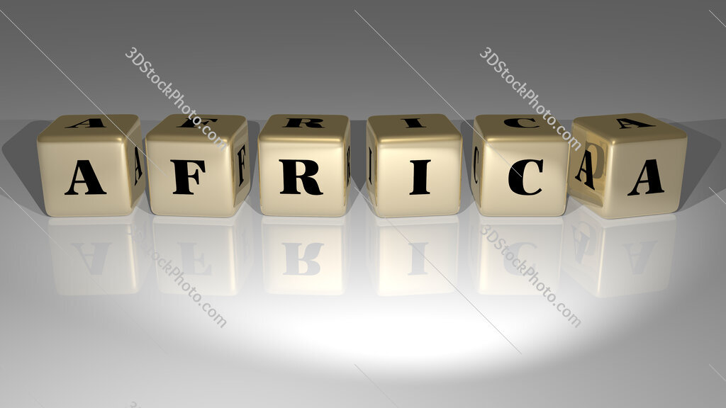 Africa text of cubic dice letters on the floor and 3D icon on the wall
