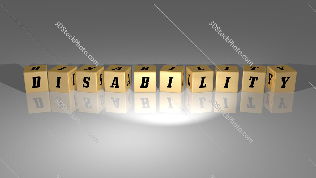 Disability text of cubic dice letters on the floor and 3D icon on the wall
