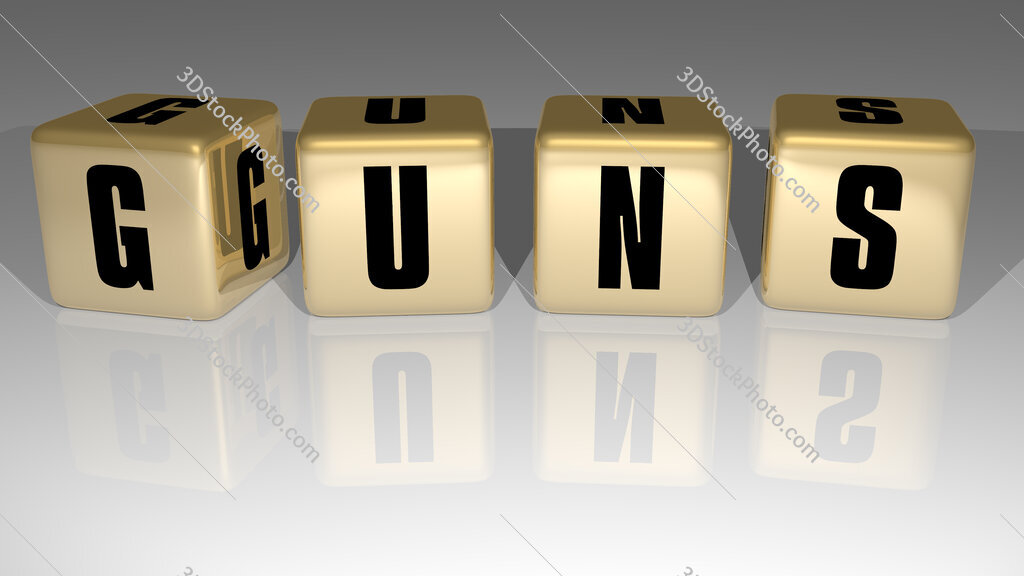 Guns text of cubic dice letters on the floor and 3D icon on the wall