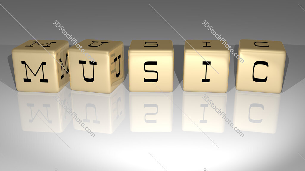Music text of cubic dice letters on the floor and 3D icon on the wall