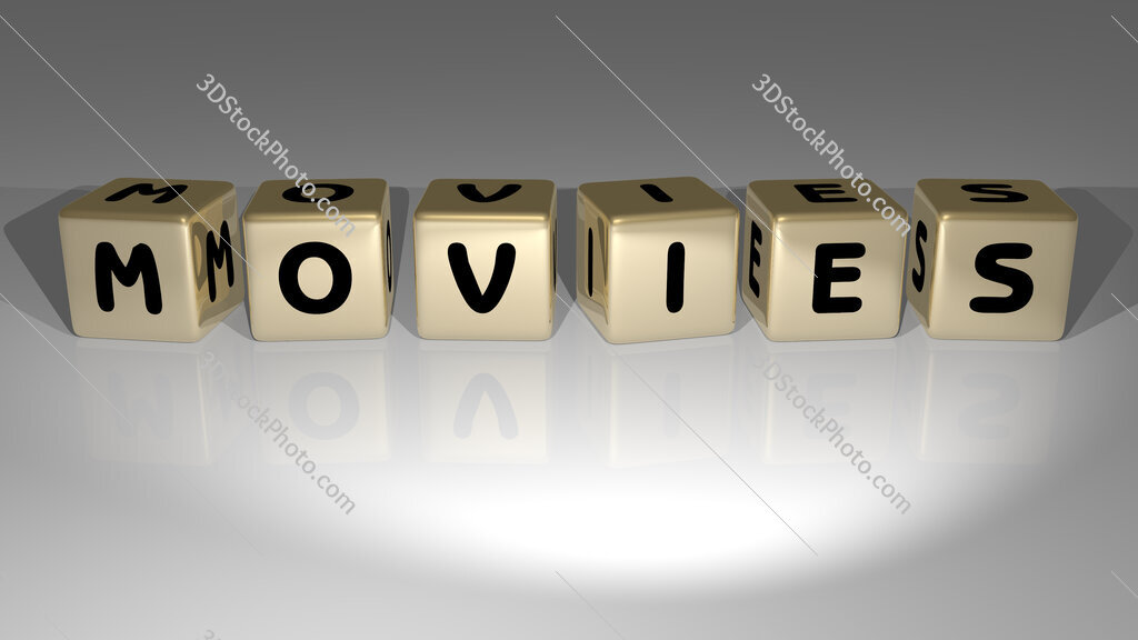Movies text of cubic dice letters on the floor and 3D icon on the wall