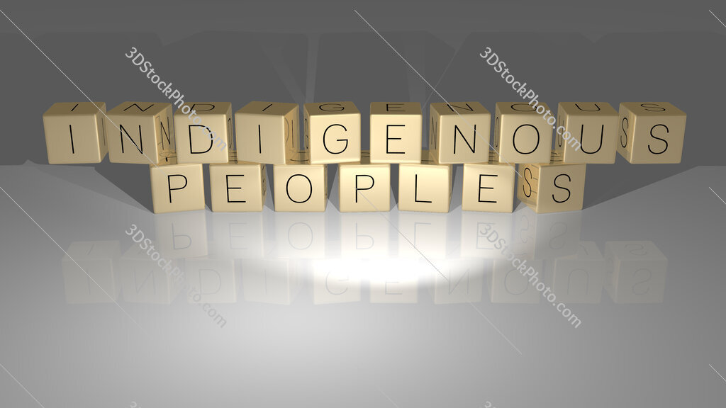 Indigenous peoples text of cubic dice letters on the floor and 3D icon on the wall