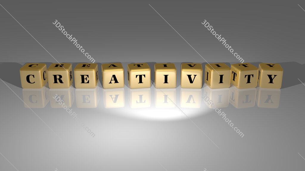 Creativity text of cubic dice letters on the floor and 3D icon on the wall