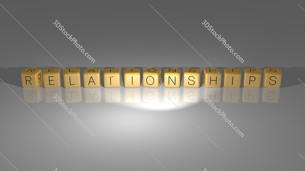 Relationships text of cubic dice letters on the floor and 3D icon on the wall