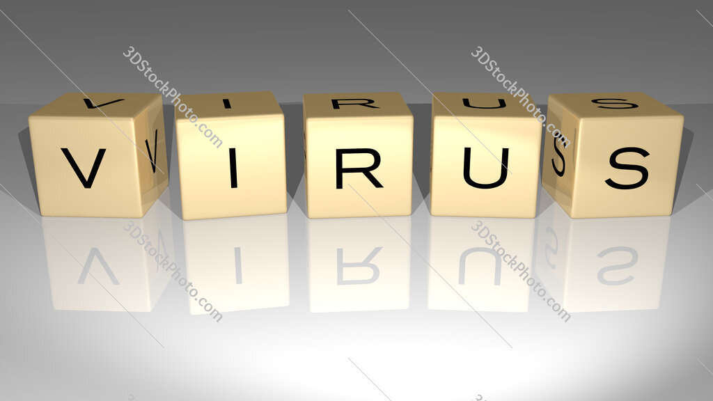 Virus text of cubic dice letters on the floor and 3D icon on the wall