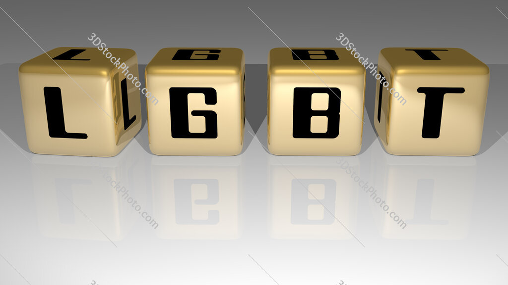 LGBT text of cubic dice letters on the floor and 3D icon on the wall