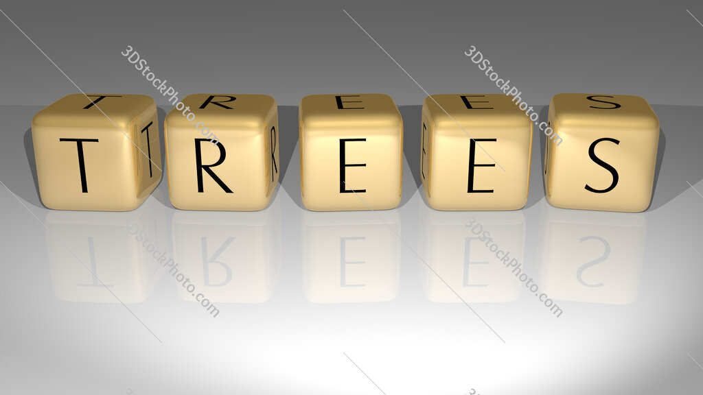 Trees text of cubic dice letters on the floor and 3D icon on the wall