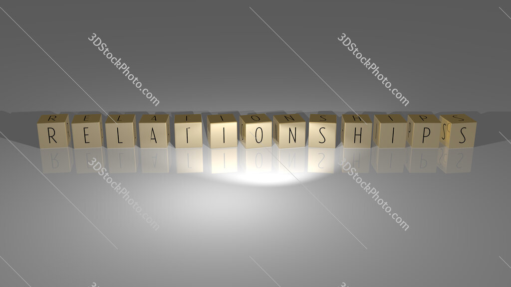Relationships text of cubic dice letters on the floor and 3D icon on the wall