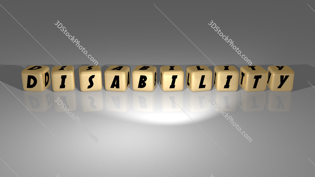Disability text of cubic dice letters on the floor and 3D icon on the wall