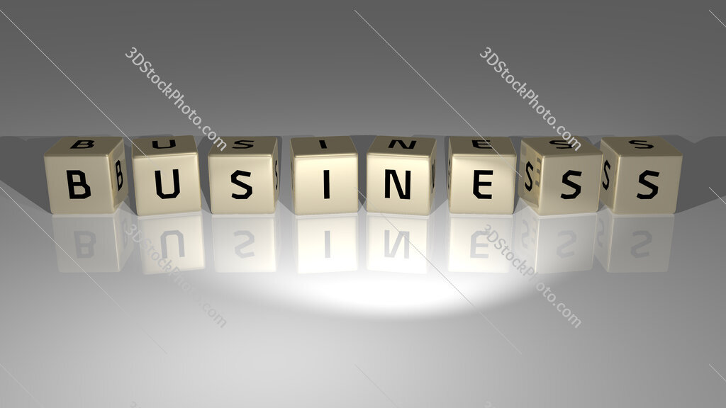 Business text of cubic dice letters on the floor and 3D icon on the wall