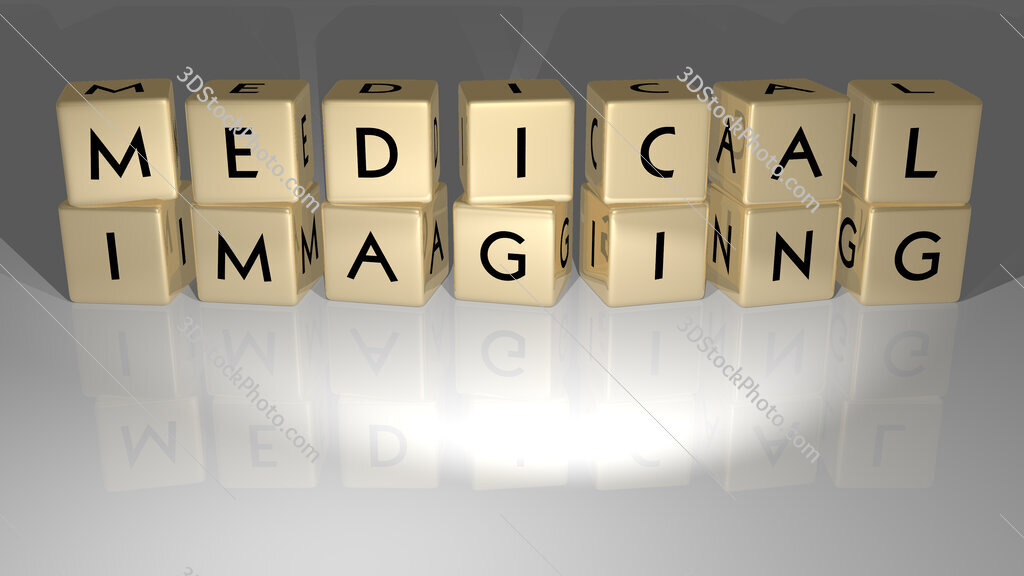 Medical imaging text of cubic dice letters on the floor and 3D icon on the wall