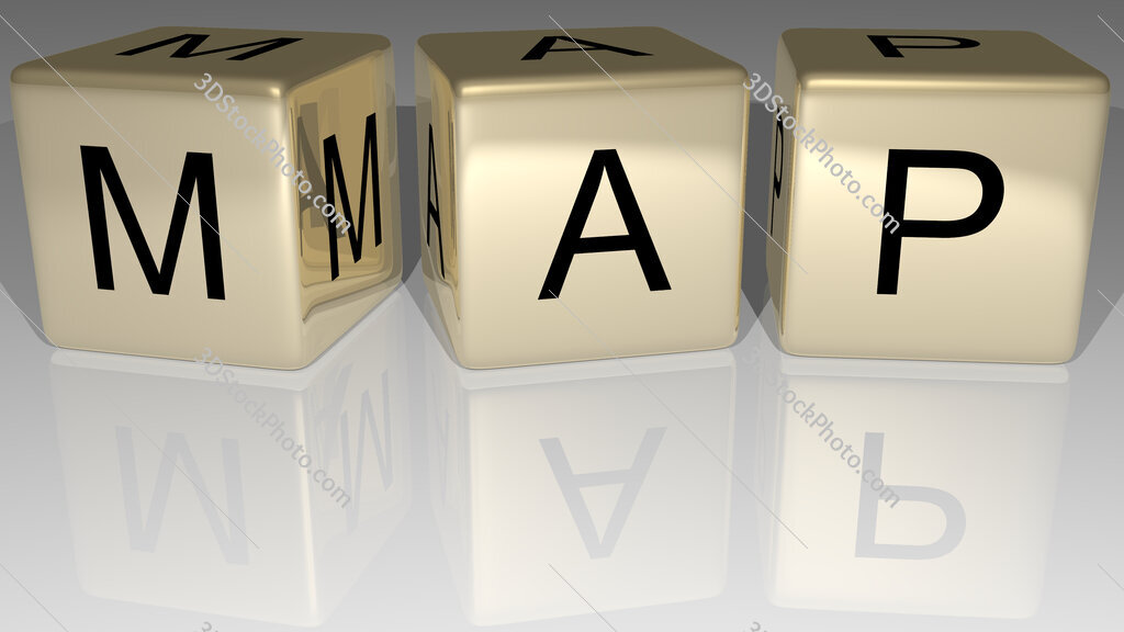 Map text of cubic dice letters on the floor and 3D icon on the wall