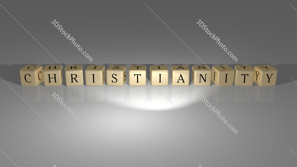 Christianity text of cubic dice letters on the floor and 3D icon on the wall