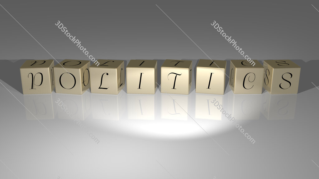 Politics text of cubic dice letters on the floor and 3D icon on the wall