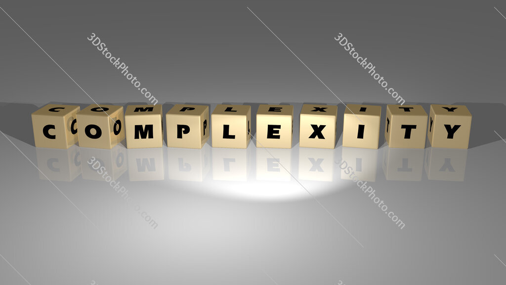 Complexity text of cubic dice letters on the floor and 3D icon on the wall