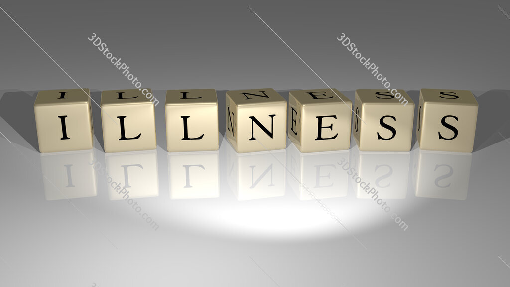 Illness text of cubic dice letters on the floor and 3D icon on the wall