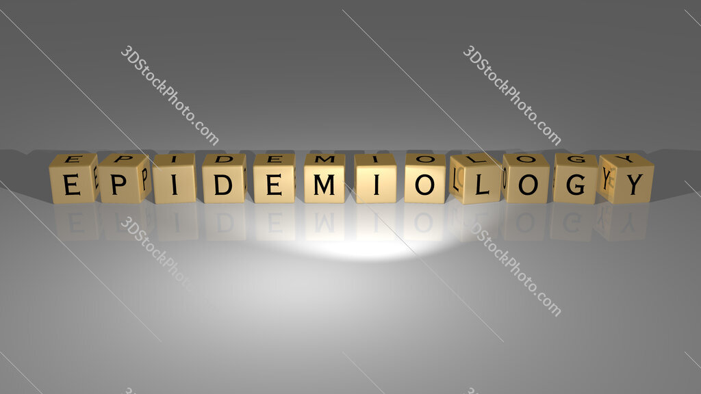 Epidemiology text of cubic dice letters on the floor and 3D icon on the wall