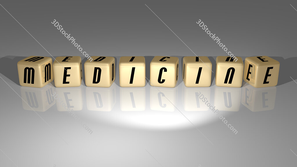 Medicine text of cubic dice letters on the floor and 3D icon on the wall