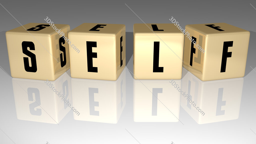 Self text of cubic dice letters on the floor and 3D icon on the wall