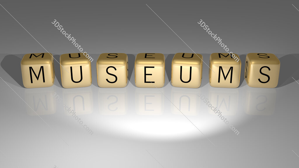 Museums text of cubic dice letters on the floor and 3D icon on the wall