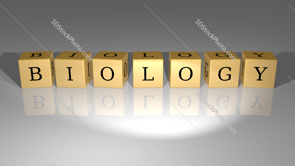 Biology text of cubic dice letters on the floor and 3D icon on the wall