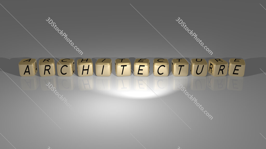 Architecture text of cubic dice letters on the floor and 3D icon on the wall