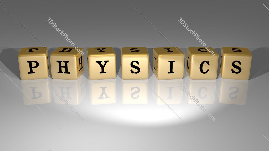Physics text of cubic dice letters on the floor and 3D icon on the wall