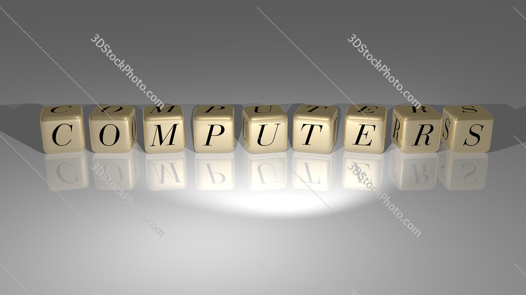 Computers text of cubic dice letters on the floor and 3D icon on the wall