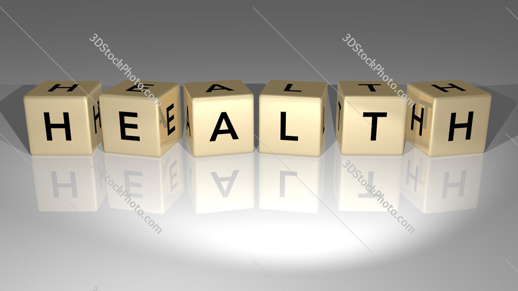 Health text of cubic dice letters on the floor and 3D icon on the wall