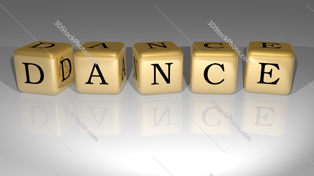 Dance text of cubic dice letters on the floor and 3D icon on the wall
