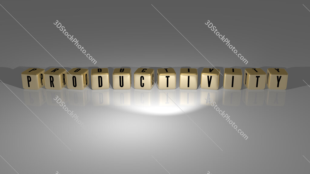 Productivity text of cubic dice letters on the floor and 3D icon on the wall
