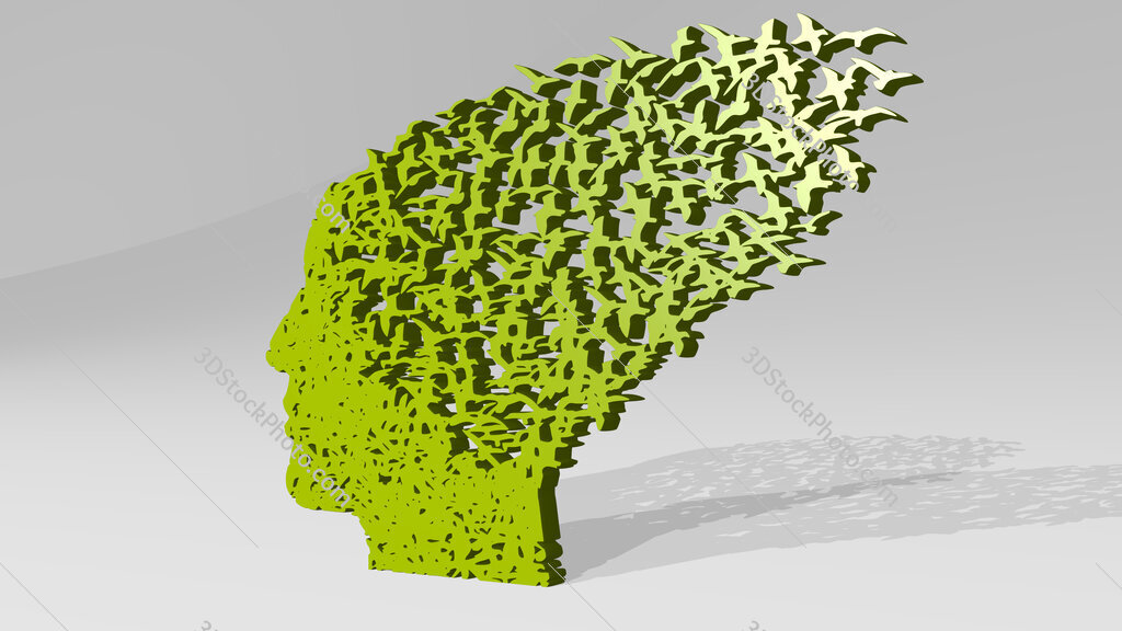 human head scattered to flaying birds 3D icon casting shadow