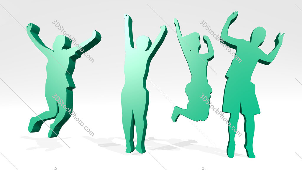 boys and girls dancing and jumping 3D icon casting shadow