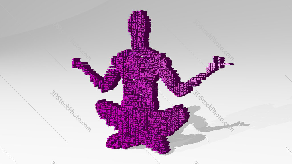 yoga man made of words 3D icon casting shadow
