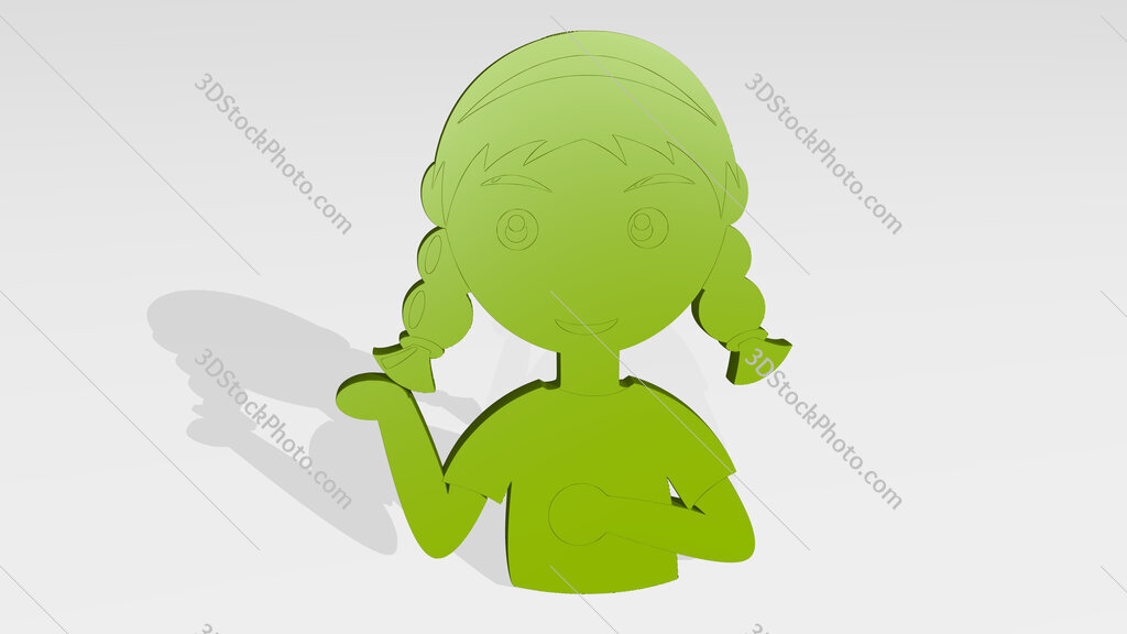 small girl with braided hair 3D drawing icon on white floor
