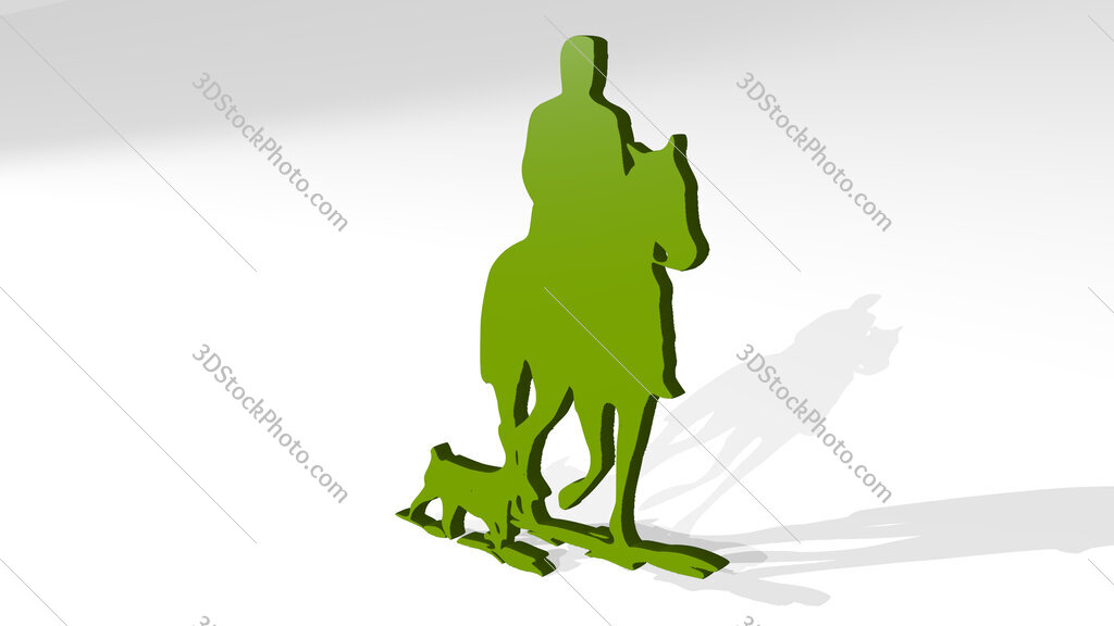 man ridding horse with his dog 3D drawing icon on white floor