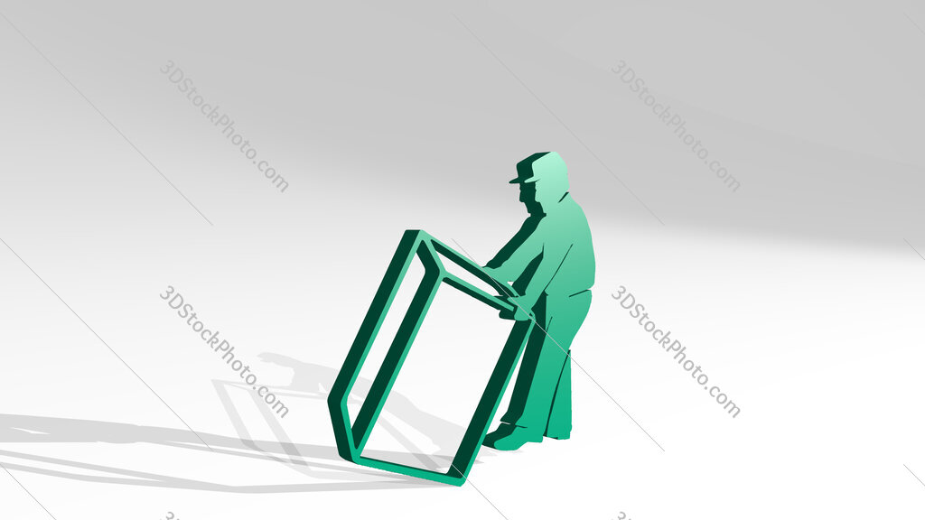 man carrying a big heavy box 3D drawing icon on white floor