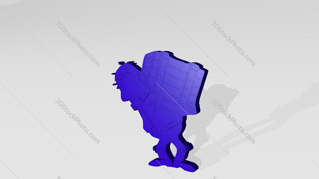 man carrying a heavy box 3D drawing icon on white floor