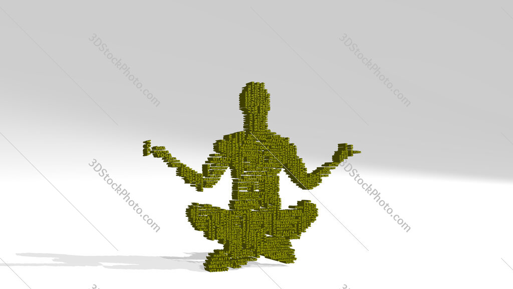 yoga man made of words 3D drawing icon on white floor