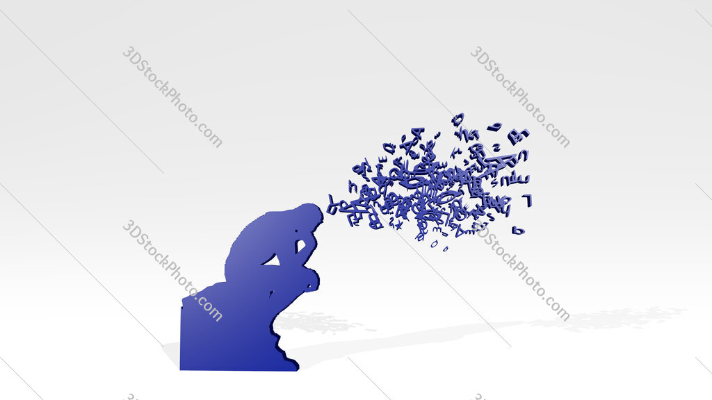 man with thoughts in letters 3D drawing icon on white floor