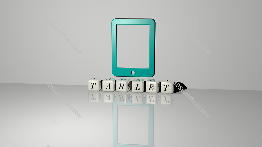 tablet text of cubic dice letters on the floor and 3D icon on the wall