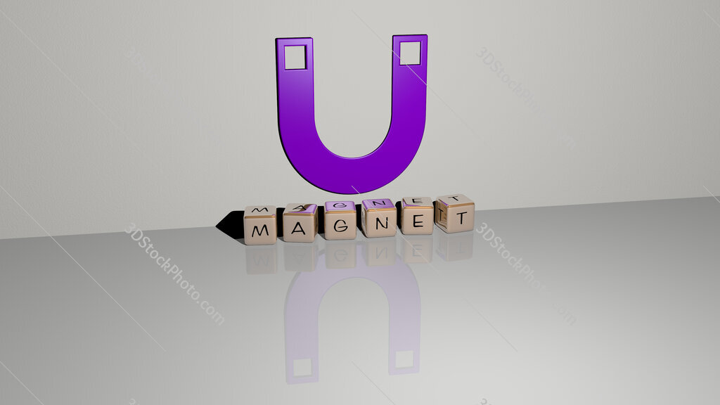 magnet text of cubic dice letters on the floor and 3D icon on the wall