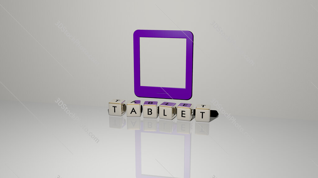tablet text of cubic dice letters on the floor and 3D icon on the wall